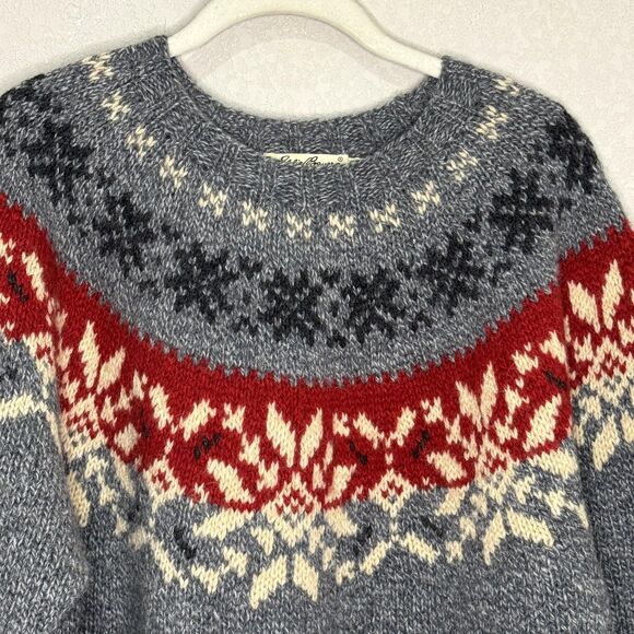 Eddie Bauer Sweater Womens Medium Gray Wool Fair Isle Nordic Snowflake Pullover - Picture 3 of 6